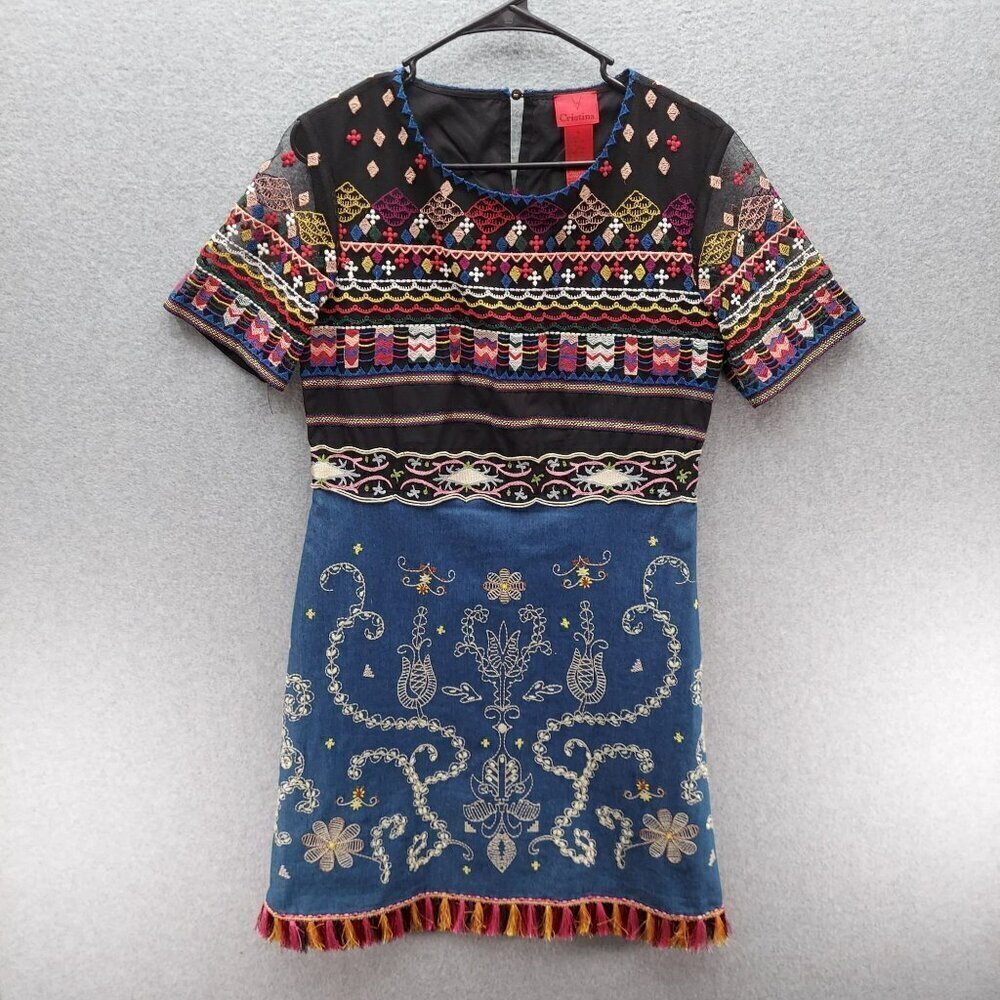 Embroidered Multicolor Short-Sleeve Dress‎ With Fringe Hem By V Cristina Size 6